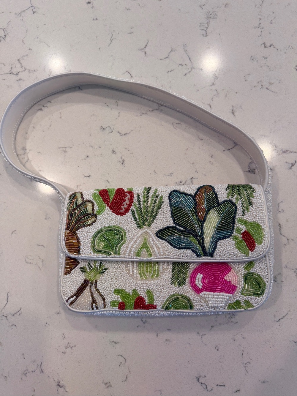 Viral White Beaded Shoulder Bag with Vegetables